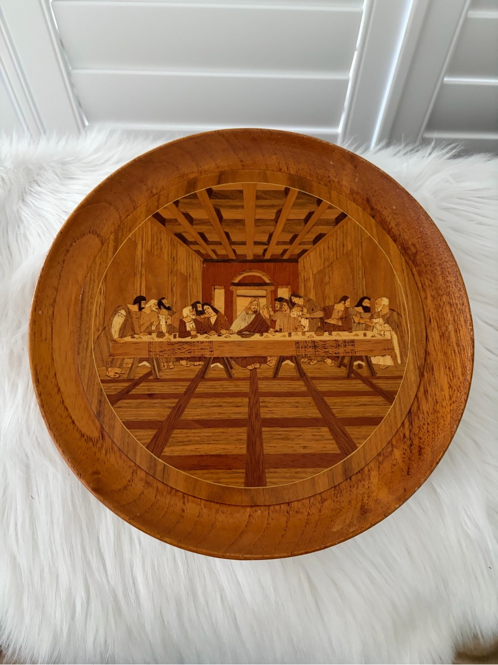 Handcrafted Wooden inlay Decorative plate in Warm Brown the Last Supper